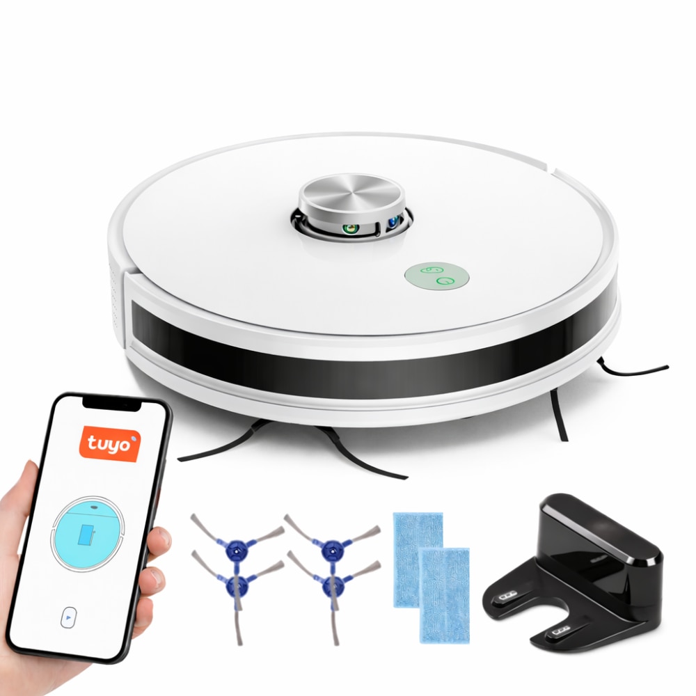 Aspirator Robot Inteligent 2 In 1 IdealTI® Smart A8i, Functie Mop, Navigatie Inteligenta LIDAR 360°, Putere 4500Pa, Tuya App WiFi, Reincarcare Automata, 2500 mAh, ALB