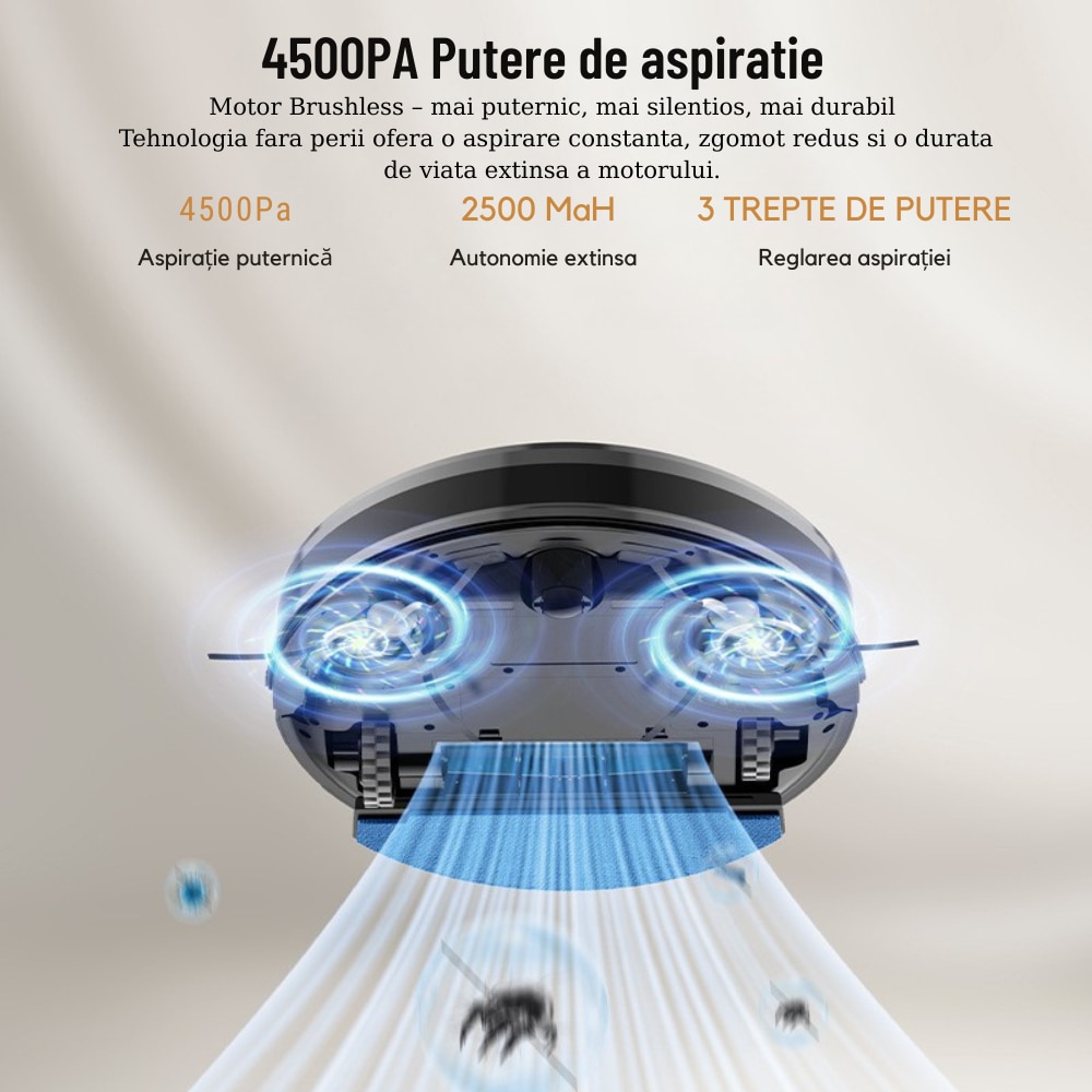 Aspirator Robot Inteligent 2 In 1 IdealTI® Smart A8i, Functie Mop, Navigatie Inteligenta LIDAR 360°, Putere 4500Pa, Tuya App WiFi, Reincarcare Automata, 2500 mAh, ALB