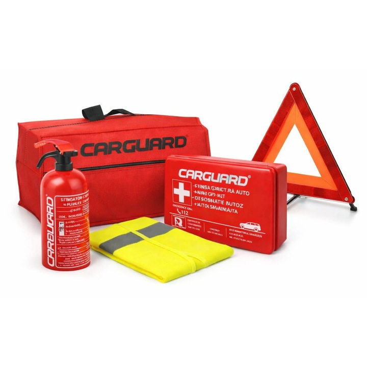 Kit siguranta auto omologat RAR - geanta, trusa medicala, stingator, vesta reflectorizanta si triunghi reflectorizant