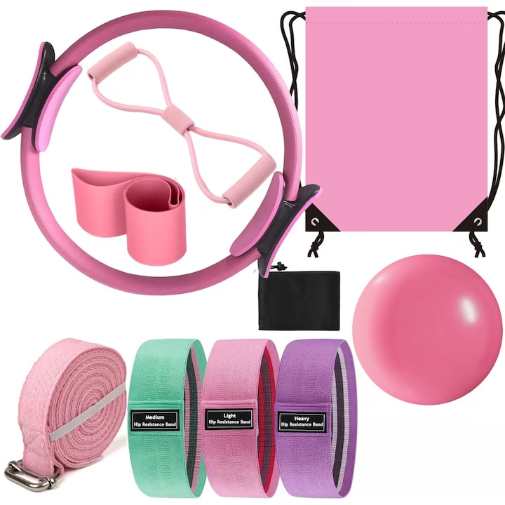 10 részes Pilates felszerelés szett, OVERTANG, Pilates karika, 25 cm-es jógagolyó, gumiszalagok