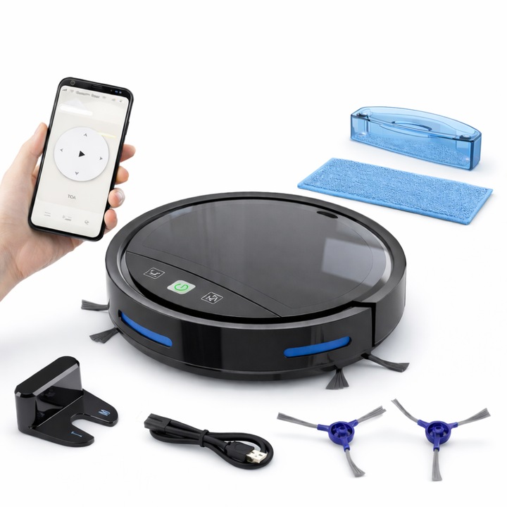 Robot Aspirator Inteliogent 2 in 1 IdealTI SmartClean S7, 2500PA, Aplicatie TUYA, Autonomie 120 min, Capacitate 350 ml, Incarcare Automata, Senzori anti-coliziune