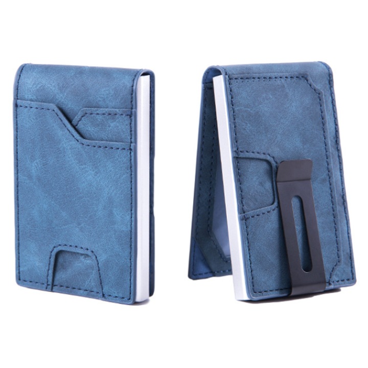 Suport pentru carduri cu ejectare automata, din aliaj de aluminiu, anti-furt RFID, portofel barbatesc, albastru