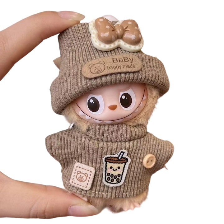 Set de haine pentru papusi Labubu, haine elastice maro, palarie cu eticheta