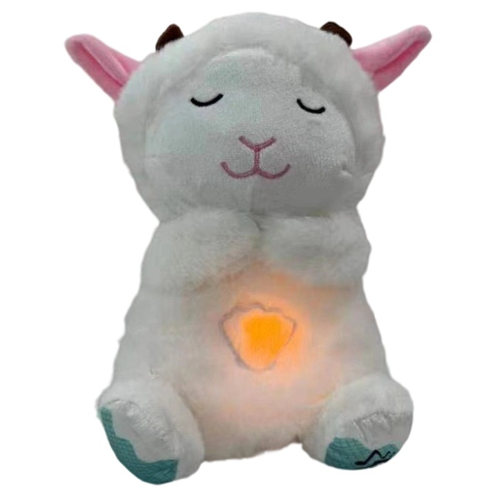 O papusa draguta de bebelus-oaie, care respira, lumineaza si calmeaza bebelusii sa doarma cu muzica si are 4 setari reglabile. Este alba