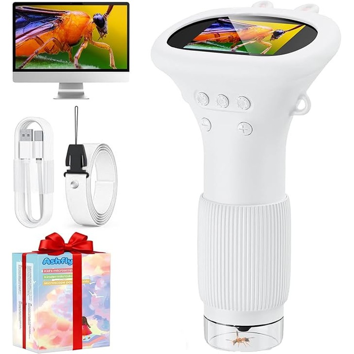Преносим детски микроскоп, 200X, 2.0 инчов IPS екран, с LED светлина, бял, за употреба на открито