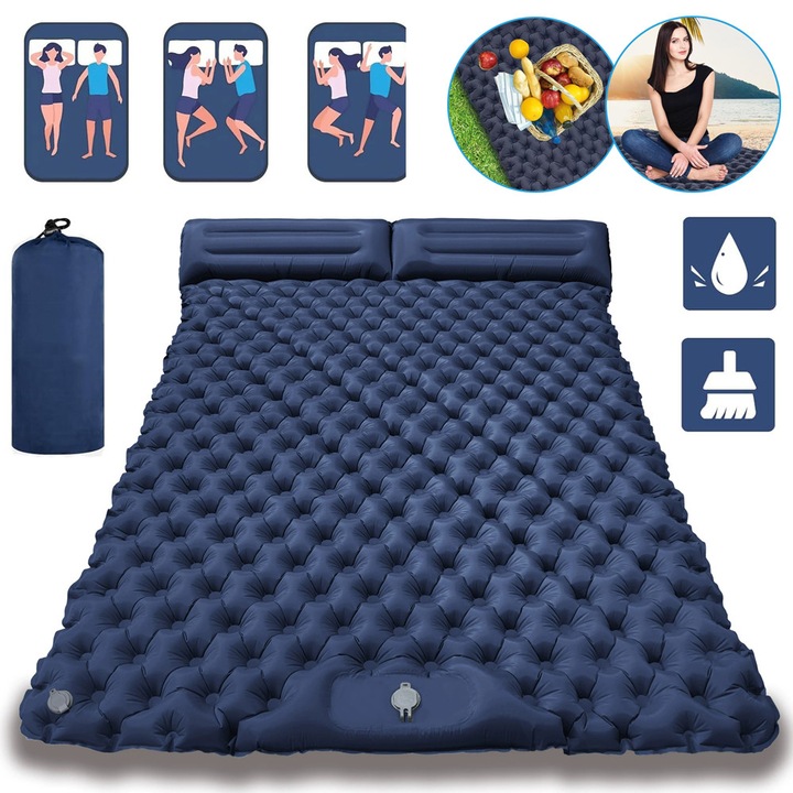 Saltea dubla gonflabila, 200x130x13cm, impermeabila, ultrausoara, albastru marin, cu pompa de picior incorporata