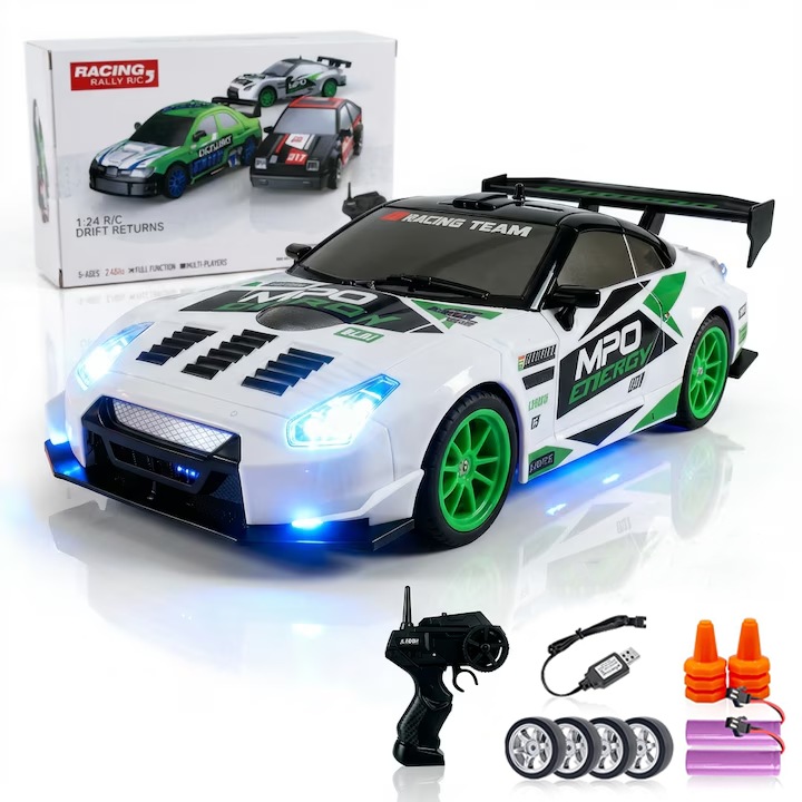 Кола с дистанционно управление RC, AjieQaQ®, Drift car, 2.4GHz Мащаб 1:24 4x4 с функция дрифт, Максимална скорост 15 км/ч, LED светлини, Две батерии и допълнителни гуми, Играчка за деца, момчета, момичета и възрастни, Зелена