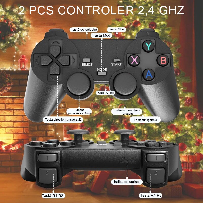 Consola jocuri video retro, AjieQaQ®，iesire HDMI 4K, preinstalat cu peste 20,000 de jocuri, 2 controllere wireless 2.4G, 9 emulatori clasici integrati, 64GB stocare, negru, plug-and-play compatibil cu TV, proiectoare si monitoare, interfata HDMI, negru