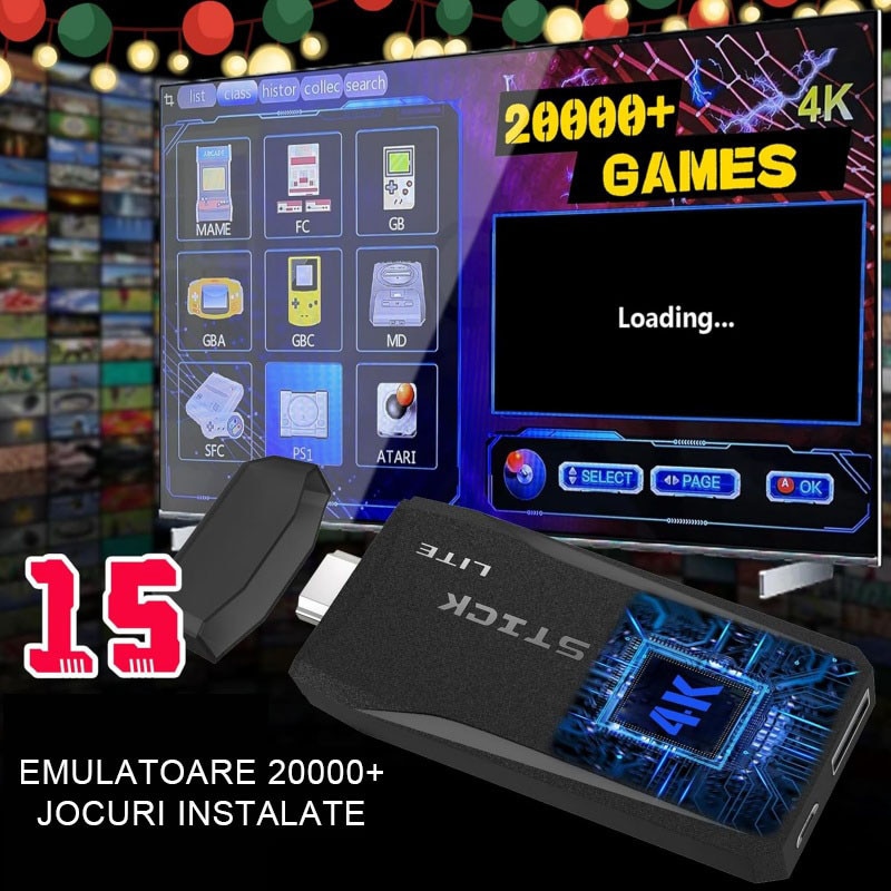 Consola jocuri video retro, AjieQaQ®，iesire HDMI 4K, preinstalat cu peste 20,000 de jocuri, 2 controllere wireless 2.4G, 9 emulatori clasici integrati, 64GB stocare, negru, plug-and-play compatibil cu TV, proiectoare si monitoare, interfata HDMI, negru