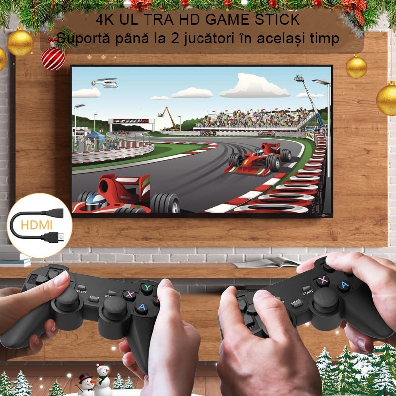 Consola jocuri video retro, AjieQaQ®，iesire HDMI 4K, preinstalat cu peste 20,000 de jocuri, 2 controllere wireless 2.4G, 9 emulatori clasici integrati, 64GB stocare, negru, plug-and-play compatibil cu TV, proiectoare si monitoare, interfata HDMI, negru