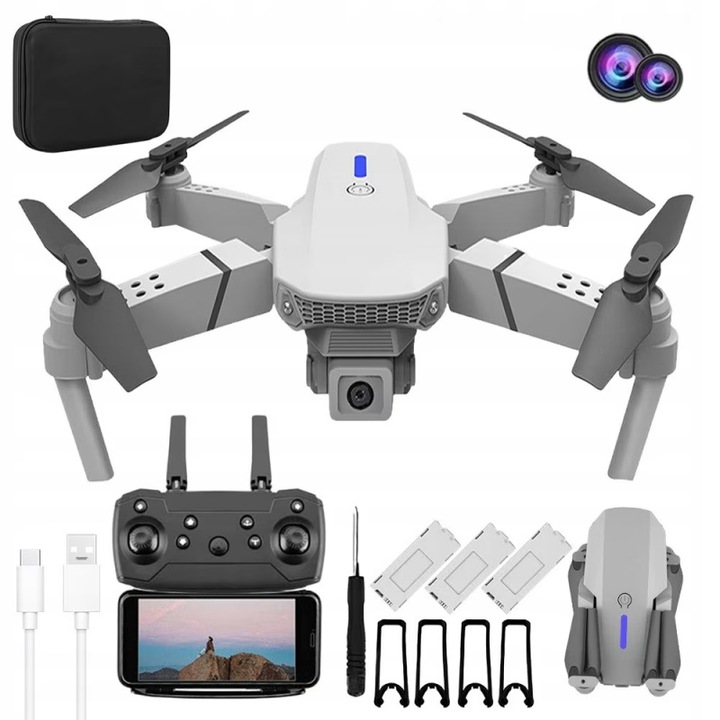 Мини дрон с 2 камери, сгъваем квадрокоптер с дистанционно управление, 4K видеозапис, WiFi свързаност, USB зареждане, чанта за носене, излитане с един бутон, въртене на 360°, обхват 100 м, 3 батерии 1800 mAh, калъф за съхранение, сив цвят
