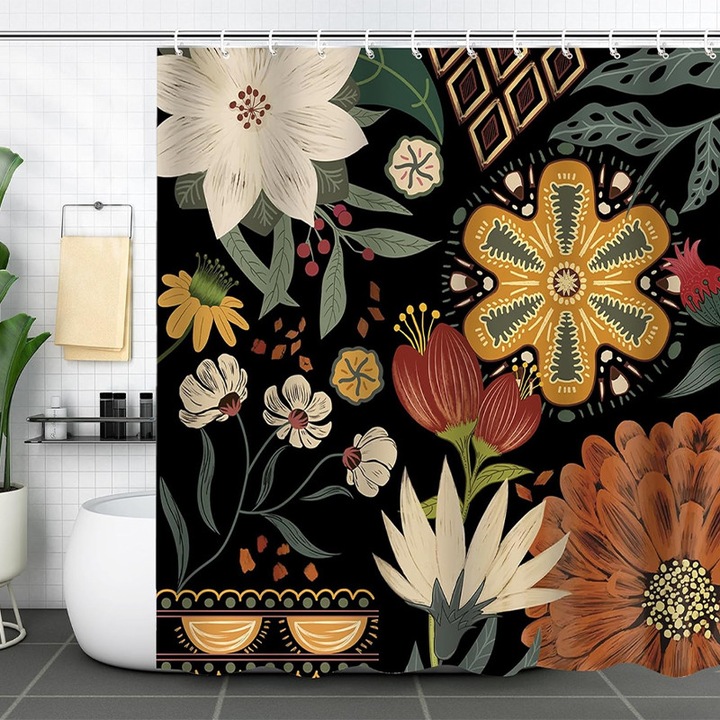 Perdeau de dus, Klenzo®, Poliester, Fara perforare, Rezistent la mucegai, 180x180cm, Negru/rosu