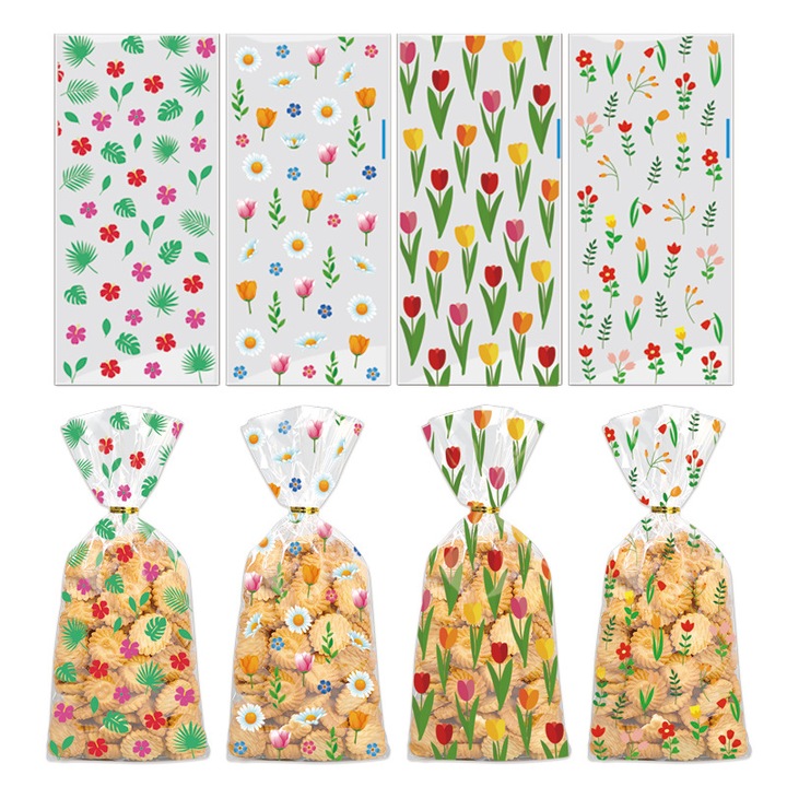 Pachet de 100 de pungi transparente pentru alimente, cu tematica de flori salbatice, perfecte pentru cadouri, fursecuri si suveniruri pentru petreceri de ziua de nastere de primavara/vara. Opp, 27x13cm, Multicolor