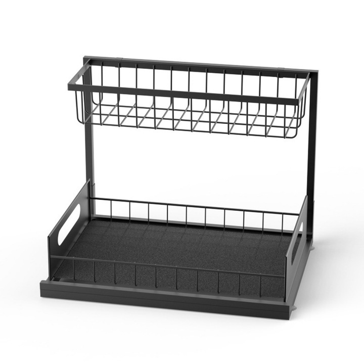 IDAMAKON 2 Szintes Fém Kihúzható Fiókos Rendezőszerkezet Mosogató Alatti Szekrényhez Vagy Pult Alá Konyhai és Fürdőszobai Rendszerező Tartozék Csúszó és Csúszásgátló Rendszer Tároló Kiegészítők Fekete