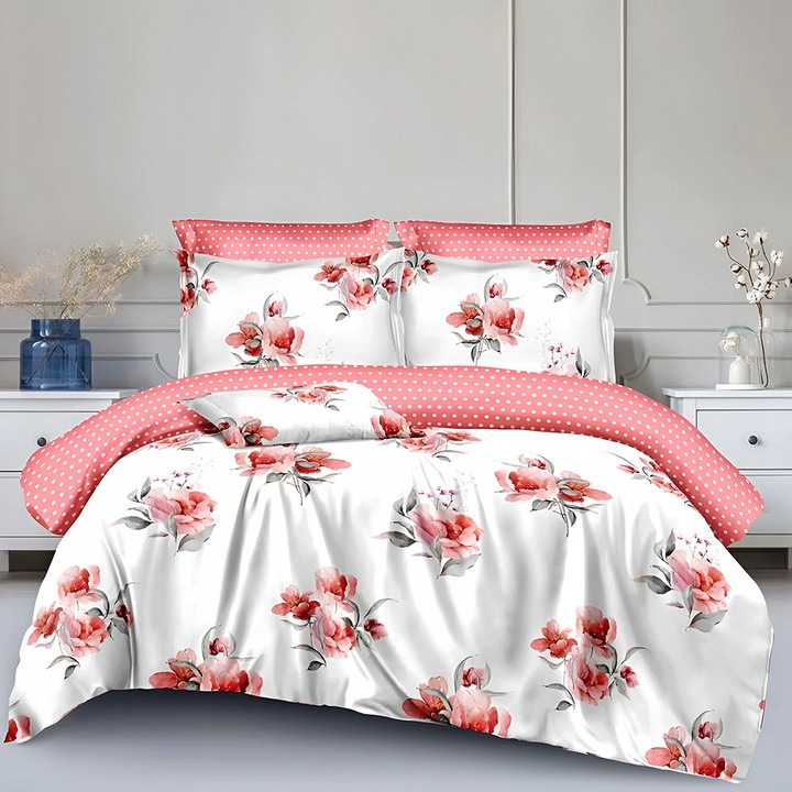 EmonaMall S18854 ágynemű, kétoldalas, 4 párnahuzat, 6 részes, fehér/korall