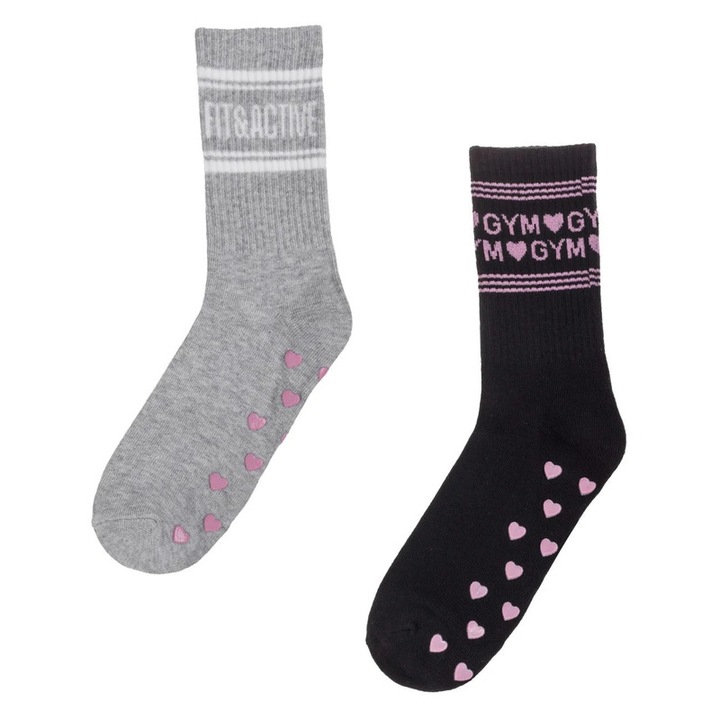 Комплект дамски чорапи, 36–41 размер, 2 чифта, За йога, За пилатес, Антиплъзгащо ходило, Полиестер, Памук, Еластан, Еластодиен, Черен/Сив