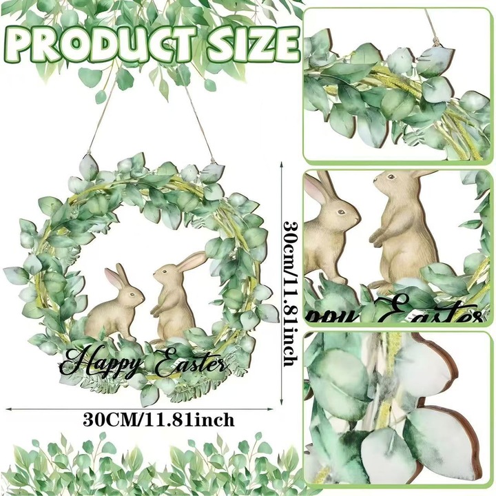 Húsvéti fa tábla, üdvözlő üzenet nyuszival és tavaszi virágokkal, hetes stílus