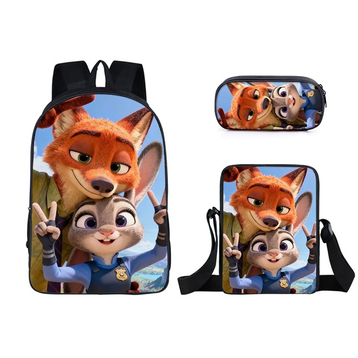 Ghiozdan pentru studenti Zootopia 2, set de trei piese: ghiozdan 16 inch, geanta de pranz, penar simplu, multicolor