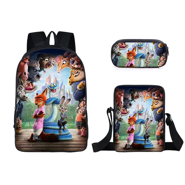 Zootropolis iskolatáska 2, háromrészes készlet: 16 hüvelykes iskolatáska, uzsonnás táska, egyszerű tolltartó, többszínű, 16 hüvelyk.