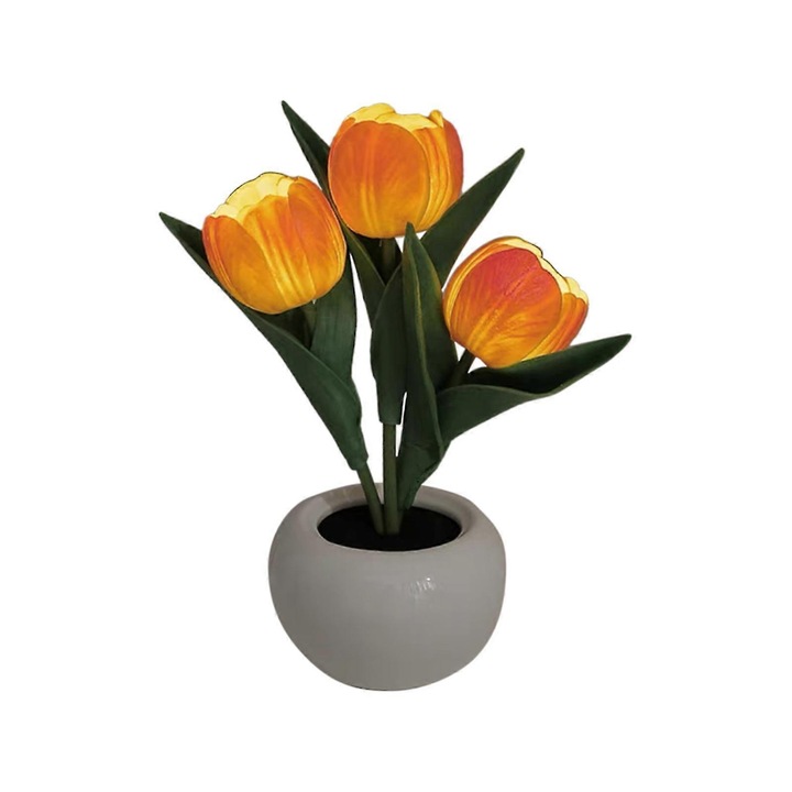 Plante artificiale in ghiveci, lampa de veghe LED lalea, lampa de birou pentru fete cu buchet simulat, portocalie, alimentata prin USB