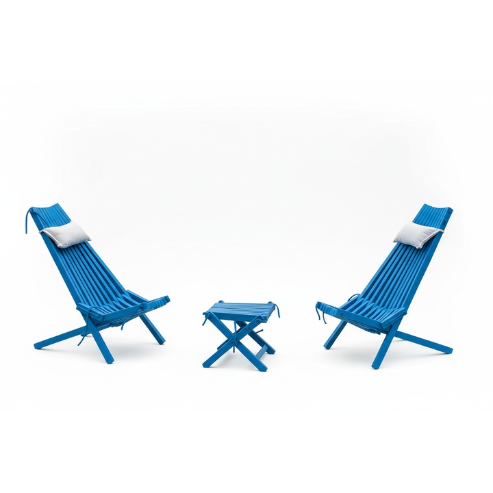 Set Lounge SAKART, 2 Scaune din Lemn Handmade si Taburet/Masa, Albastru, 125x15x15cm, 54x50x6cm