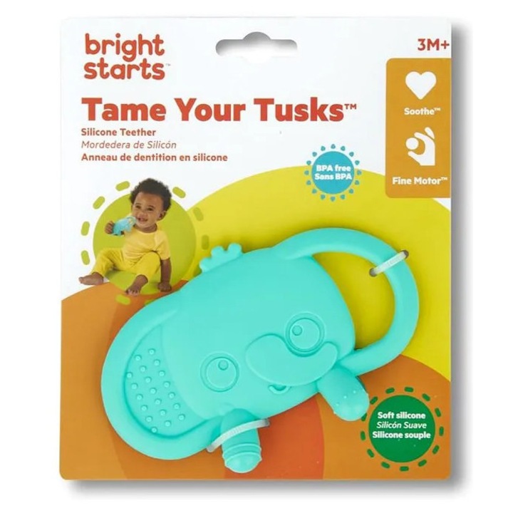 Силиконова гризалка с дръжки Tame Your Tusks Elephant, Bright Starts, Лесно захващане, тюркоаз, унисекс, 3+ месеца