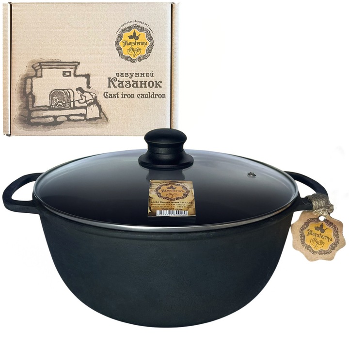 Oală adâncă din fontă turnată 5l 20*9 cm cu capac de sticlă