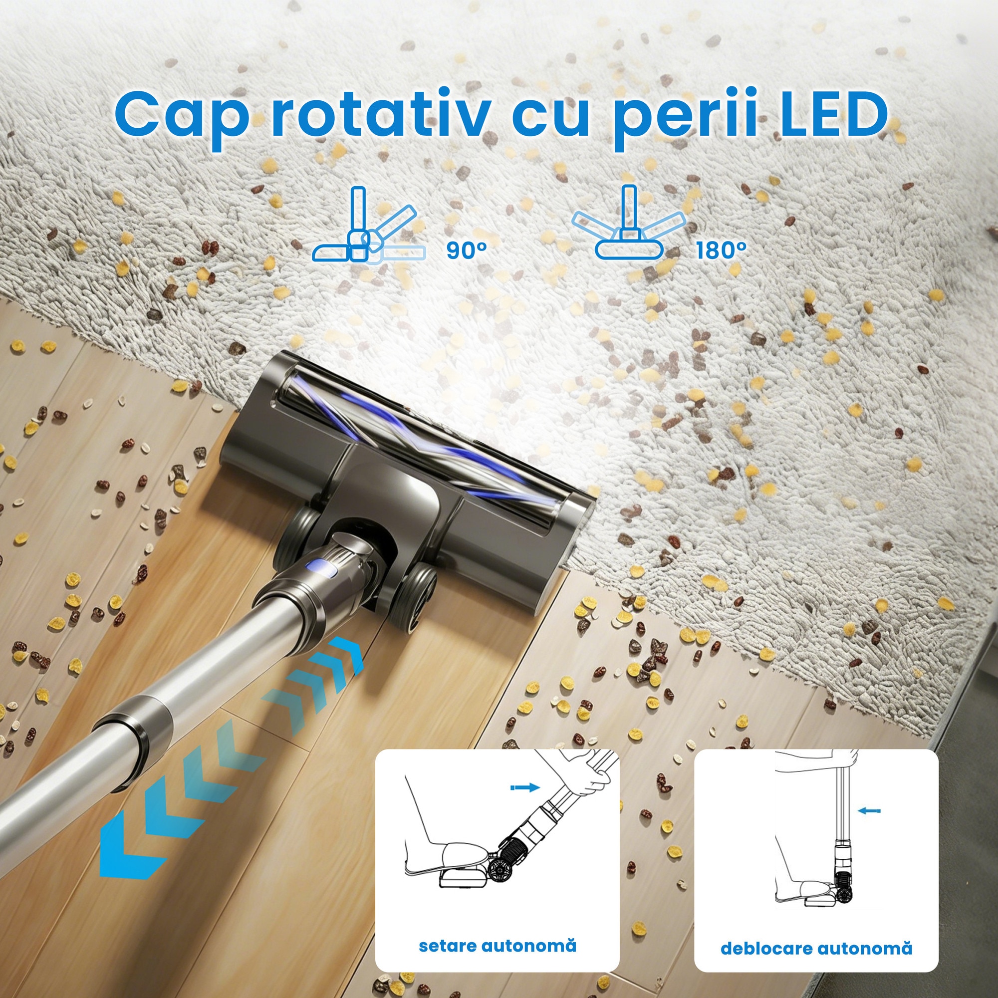 Aspirator vertical AMAS Beauty P2, 17.000 Pa, autonomie 40 min, putere de aspirare 200 W, fara fir, volum recipient praf 600ml, Perie Led, Ecran LCD, Retractabil, Motor fara perii, Albastru