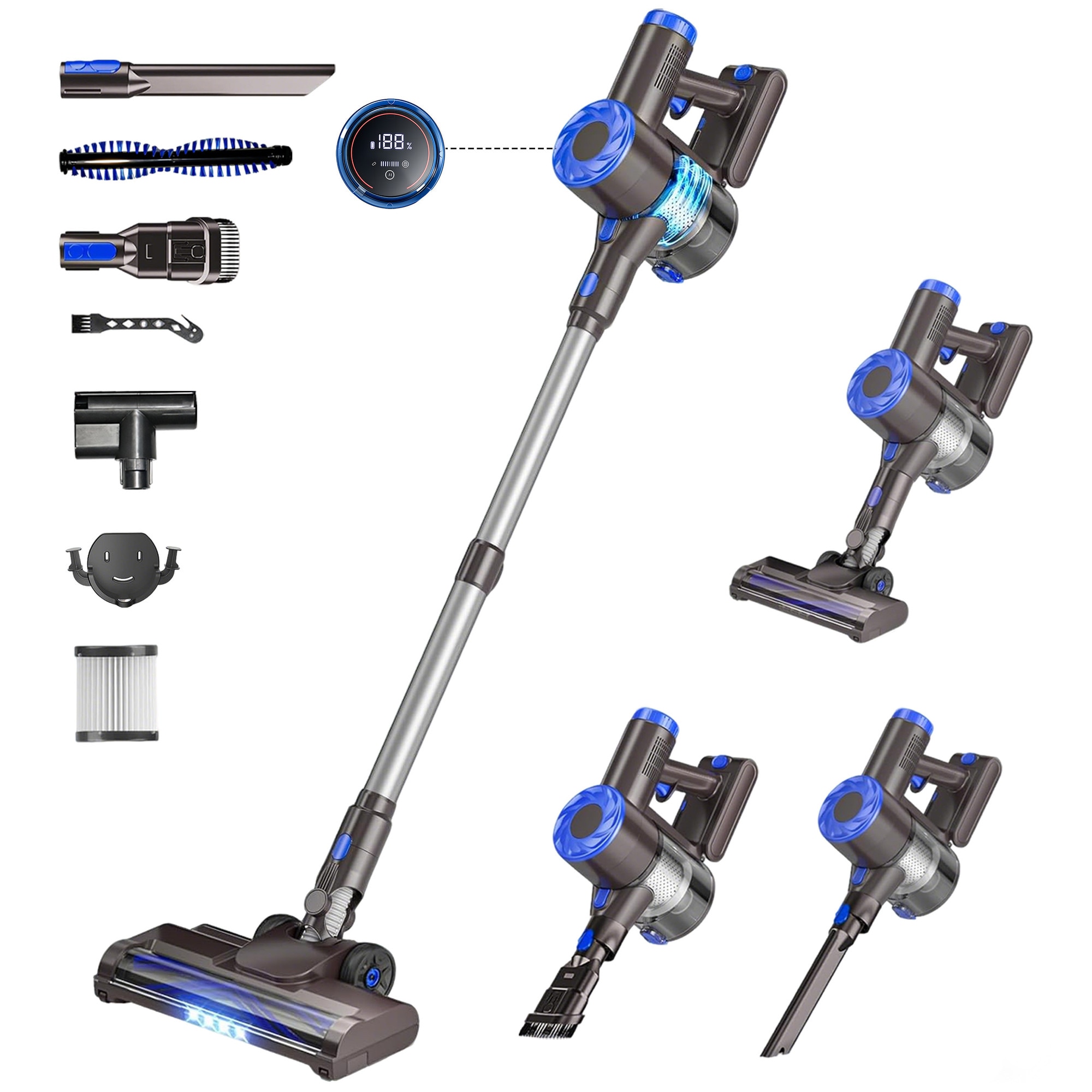 Aspirator vertical AMAS Beauty P2, 17.000 Pa, autonomie 40 min, putere de aspirare 200 W, fara fir, volum recipient praf 600ml, Perie Led, Ecran LCD, Retractabil, Motor fara perii, Albastru