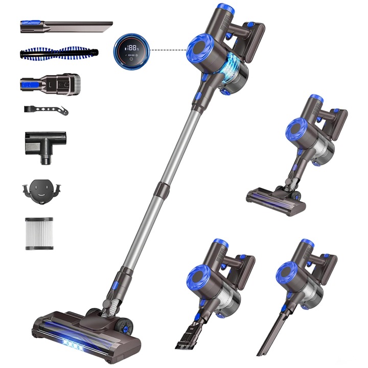 Aspirator vertical AMAS Beauty P2, 17.000 Pa, autonomie 40 min, putere de aspirare 200 W, fara fir, volum recipient praf 600ml, Perie Led, Ecran LCD, Retractabil, Motor fara perii, Albastru