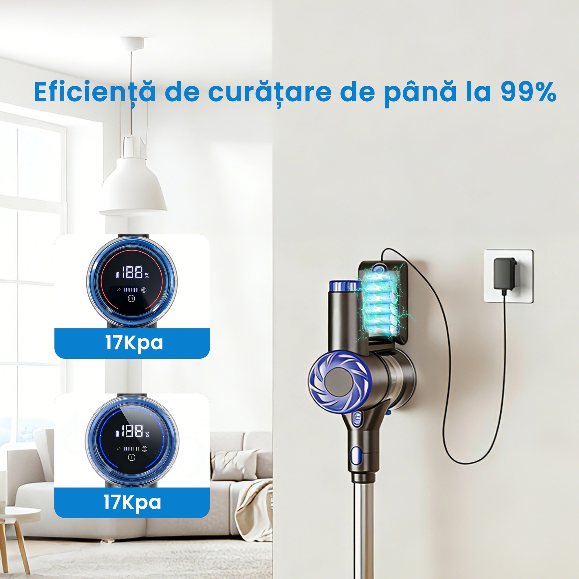 Aspirator vertical AMAS Beauty P2, 17.000 Pa, autonomie 40 min, putere de aspirare 200 W, fara fir, volum recipient praf 600ml, Perie Led, Ecran LCD, Retractabil, Motor fara perii, Albastru