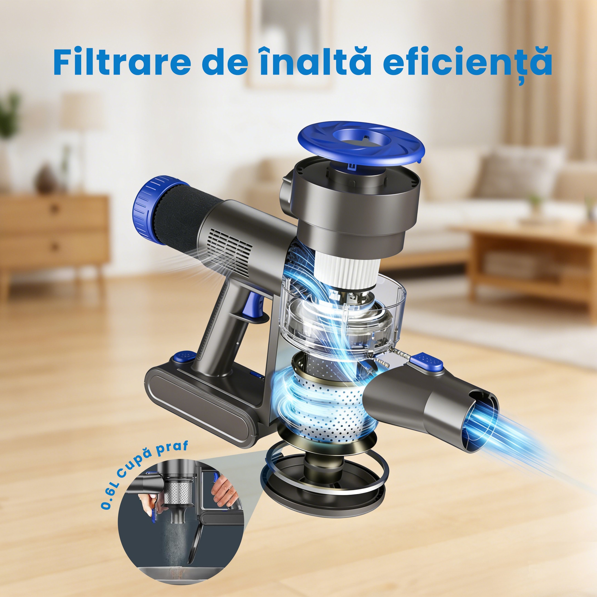 Aspirator vertical AMAS Beauty P2, 17.000 Pa, autonomie 40 min, putere de aspirare 200 W, fara fir, volum recipient praf 600ml, Perie Led, Ecran LCD, Retractabil, Motor fara perii, Albastru