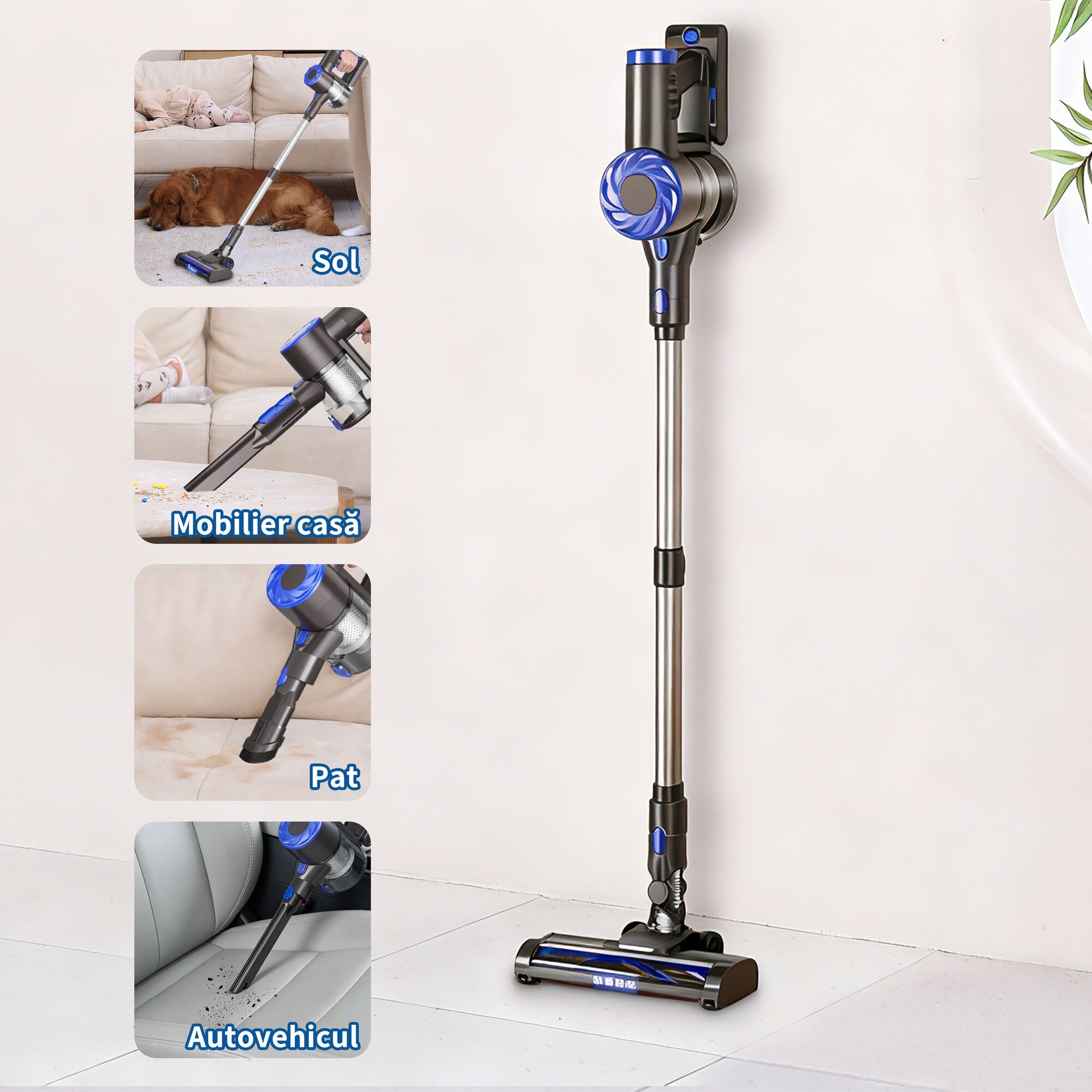 Aspirator vertical AMAS Beauty P2, 17.000 Pa, autonomie 40 min, putere de aspirare 200 W, fara fir, volum recipient praf 600ml, Perie Led, Ecran LCD, Retractabil, Motor fara perii, Albastru