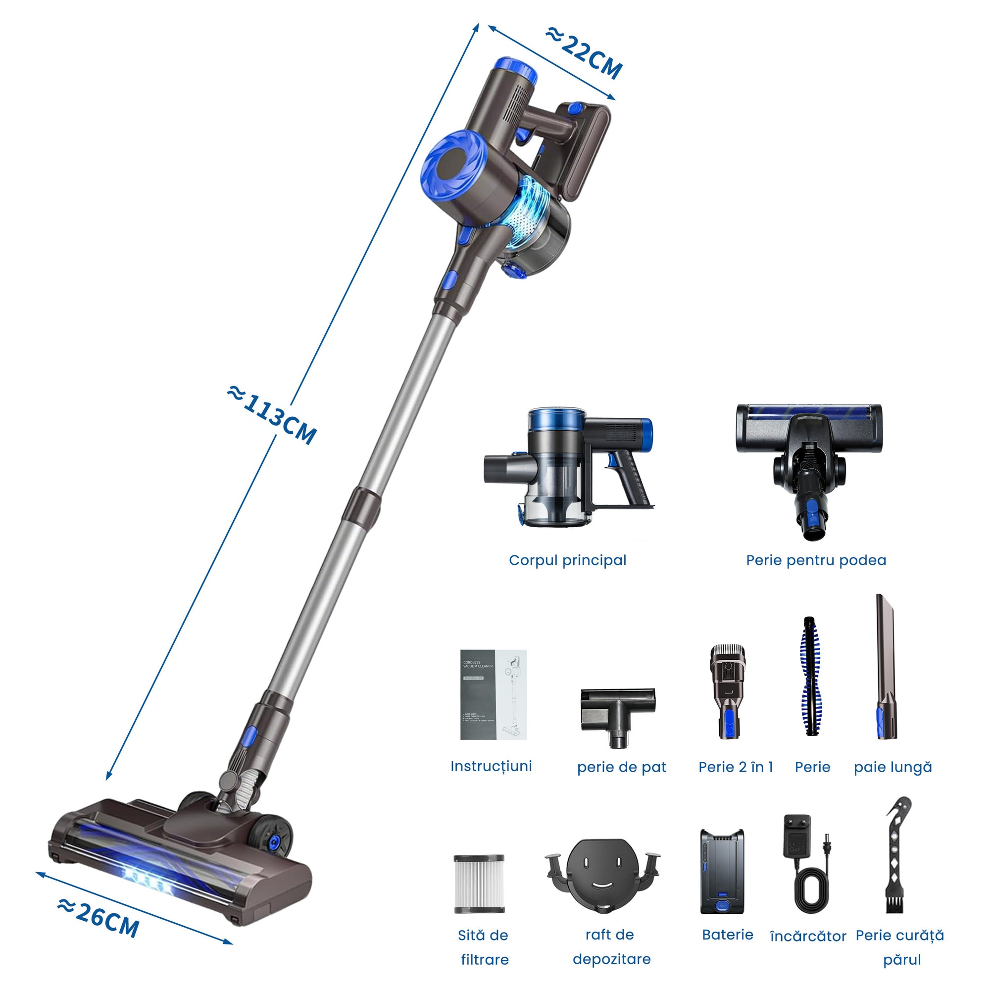 Aspirator vertical AMAS Beauty P2, 17.000 Pa, autonomie 40 min, putere de aspirare 200 W, fara fir, volum recipient praf 600ml, Perie Led, Ecran LCD, Retractabil, Motor fara perii, Albastru