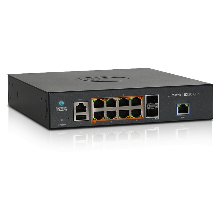 Cambium Networks cnMatrix EX2010-P kapcsoló, 8 port, PoE, 2 SFP port, asztali, 0-40°C