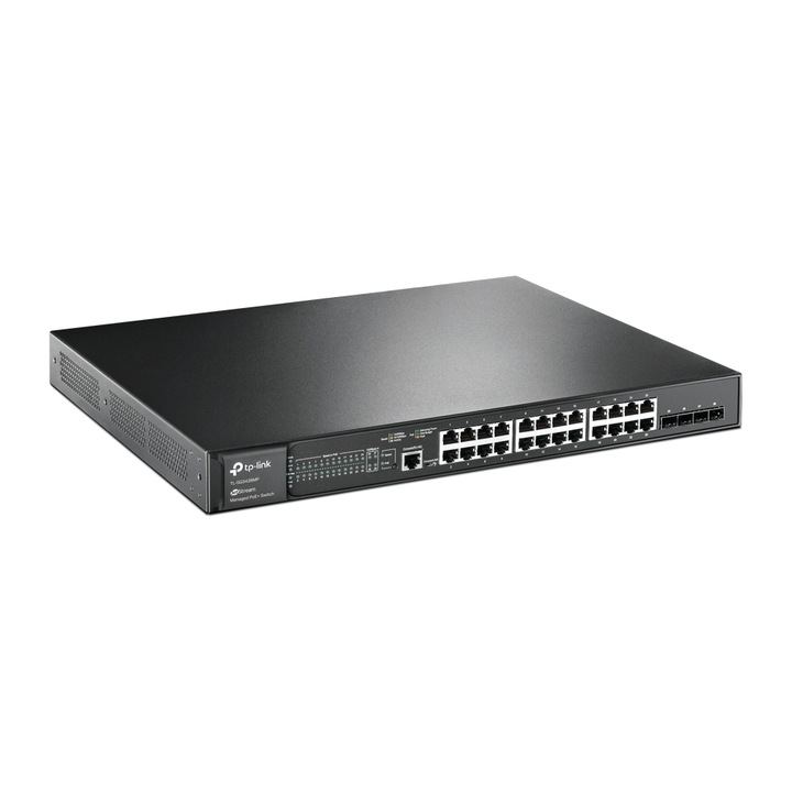 TP-Link JetStream TL-SG3428MP menedzselhető switch, 28 port, 4 SFP port, PoE+, méret: Rackmount