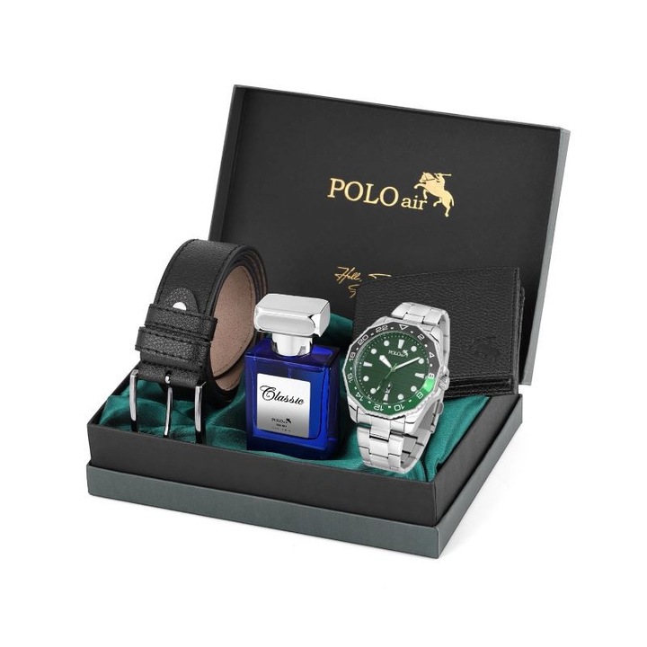 Set pentru barbati, POLO Air, Portofel, Gri Ceas, Curea, Parfum 55 ml, Negru