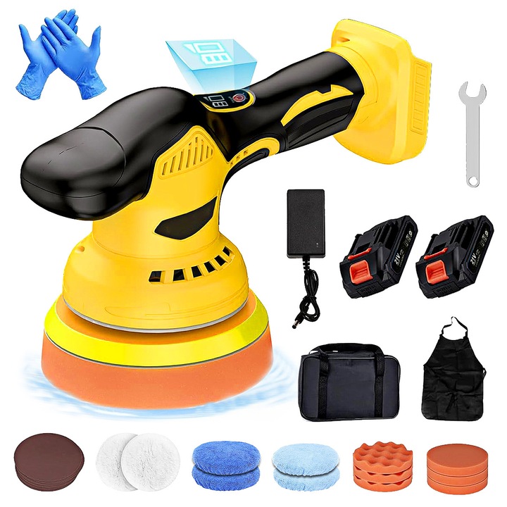 Masina de polisat slefuit YOUKUKE®, 6 viteze 2800-5500 rpm, 9mm, 2 buc baterii, Negru-Galben