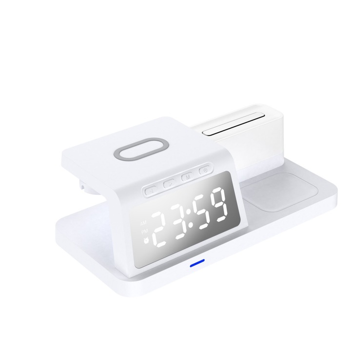 Incarcator wireless pentru telefon, 15W, afisaj LED, lumina de noapte, compatibil cu telefoane, ceasuri si casti, 187x91x64mm, alb