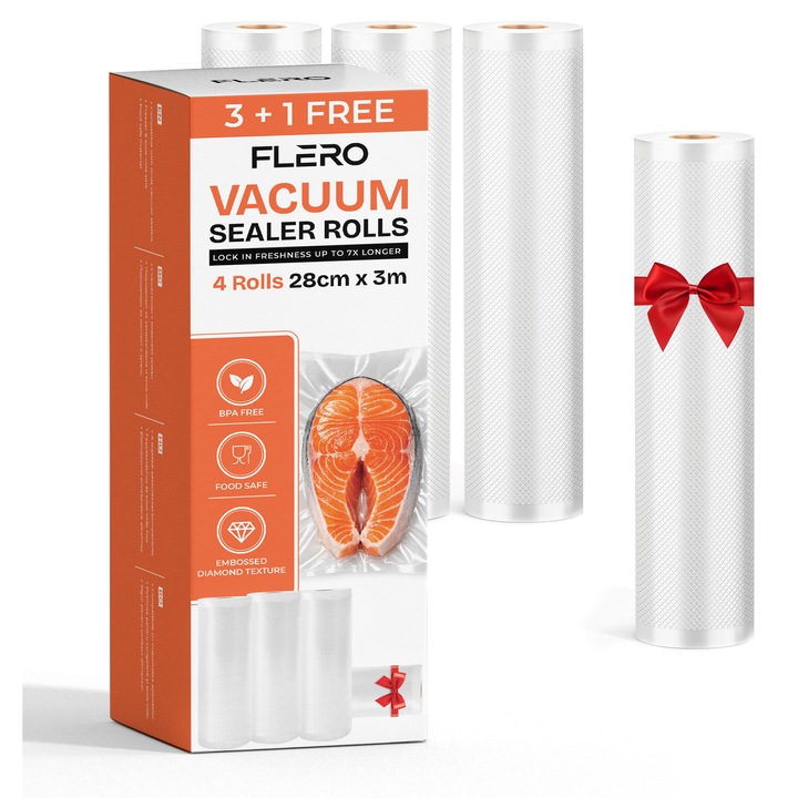 Set 4 Buc Role Pungi De Vidat Gofrate FLERO®, 28 x 300 cm, Folie Profesionala Ambalare Si Conservare Alimente, Compatibile Cu Orice Aparat De Vidat, Reutilizabile, Rezistente, BPA Free, Transparente