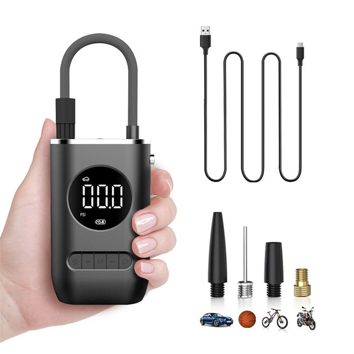 Compresor Aer Portabil Auto cu Afisaj Digital, Lanterna LED, Incarcare USB-C, 5 Moduri Presetate – pentru Masina, Bicicleta, Motocicleta, Mingi