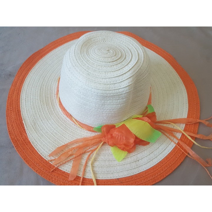 Palarii plaja pentru dama, model cu bor mare, bej cu portocaliu, set de 6 bucati