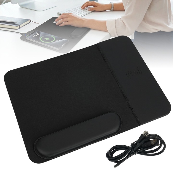 Suport pentru mouse, cu functie de incarcare wireless, suport detasabil pentru incheietura mainii, piele PU de inalta calitate