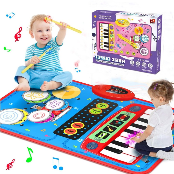 Музикална дъска 2 в 1, XICENRM, пиано и комплект барабани, 2 палки, синя, за деца 2-5 години