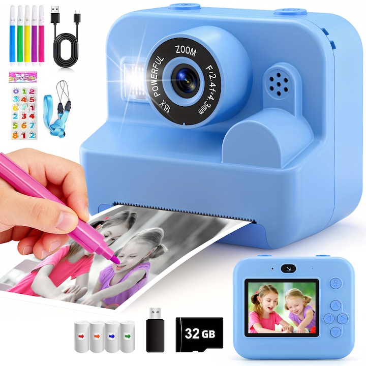 Моментален фотоапарат, BYONDSELF®, Фото, Видео, Печат, 1300mAh, с 32GB карта, четец за карти, 2.4 инча, 4 игри, Type-C кабел, със случайни стикери и връзка, 4 цветни ролки, 5 маркера, розов