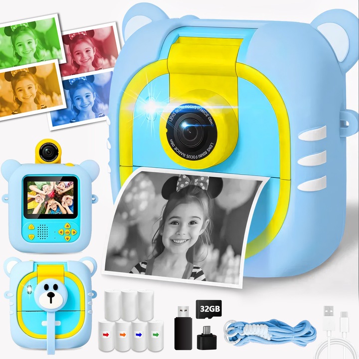 Aparat Foto Instant, BYONDSELF®, Camera Rotativa la 180°, Rezolutie Foto 96MP, 1500mAh, SD 32GB, Cititor Carduri, Incarcare USB, 2.4 inch, Cablu Type-C, 3 Role Hartie, 4 Role Hartie Colorata, Albastru