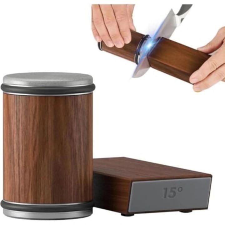 O masina de ascutit cu role, echipata cu diamante industriale de 15 si 20 de grade pentru ascutirea cutitelor; un sistem de ascutit cutite cu role