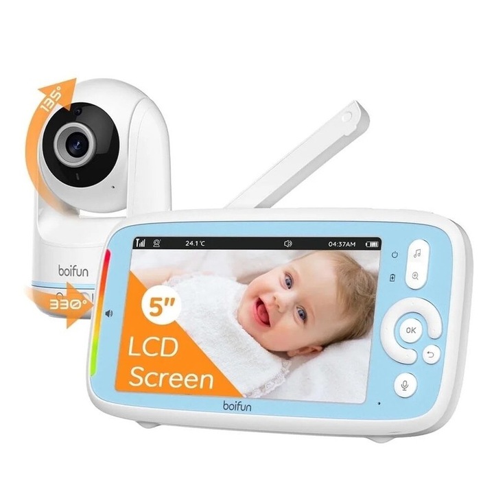 Baby Monitor Video BOIFUN cu Camera & Audio, 5″ HD, Monitor baby Fara Wi-Fi, Camera 360°, Mod Nocturn, BiDirectional, Monitorizare Temperatura, Cantece de Leagan