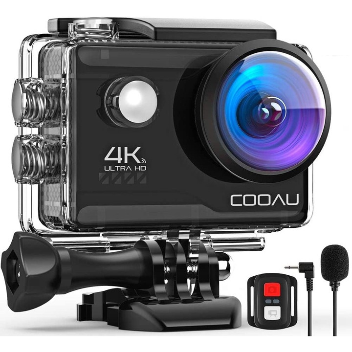 Camera de Actiune COOAU 4K HD, 20 MP, Stabilizare EIS, WiFi, Subacvatica 40m, Telecomanda, Mod Rafala, Loop Recording, Time Lapse, 2 Baterii + Kit Accesorii, Black