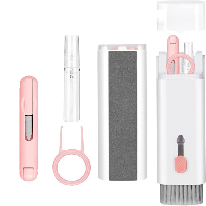 Kit curatare laptop si tastatura multifunctional, 7 in 1, roz, compact